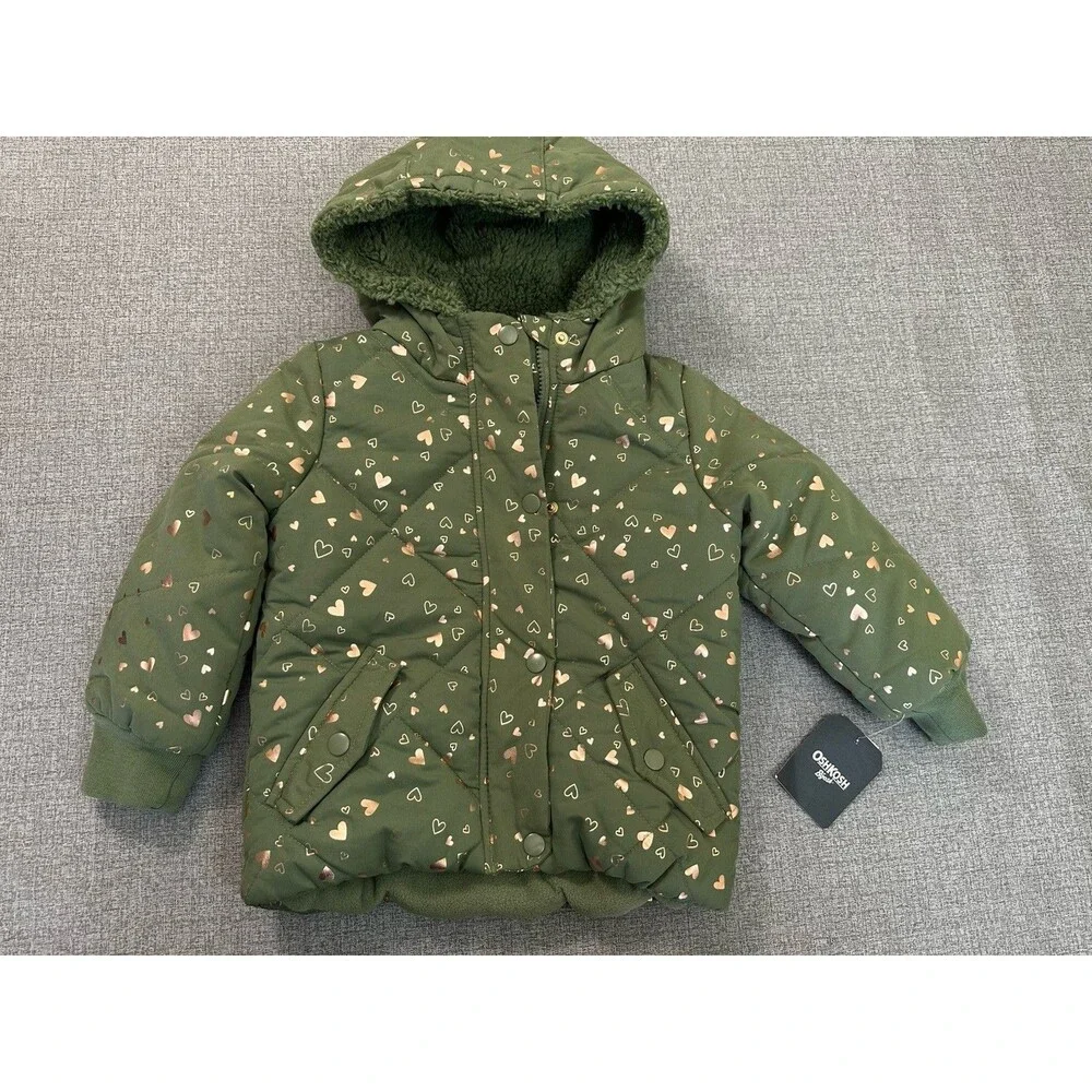 OshKosh Girls Jacket Size 4T NWT Green Heart Print Sherpa Lined Hooded Coat